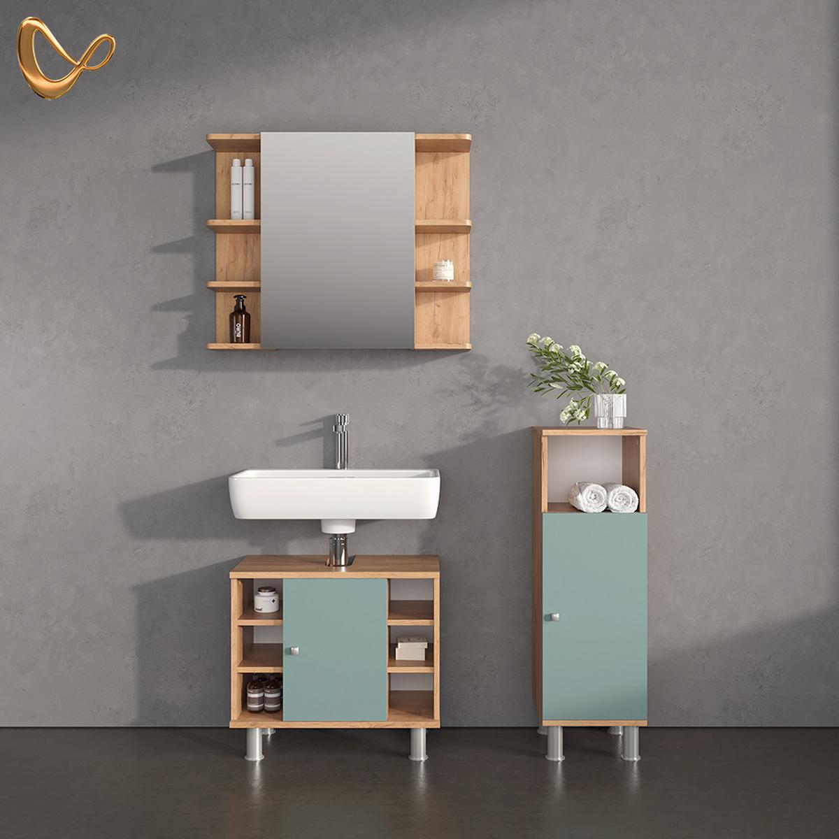 BADMÖBEL-SET Fucino Grün 3 Teile, mit Midischrank - Grün, Holzwerkstoff (60/54/32cm) - Livinity®
