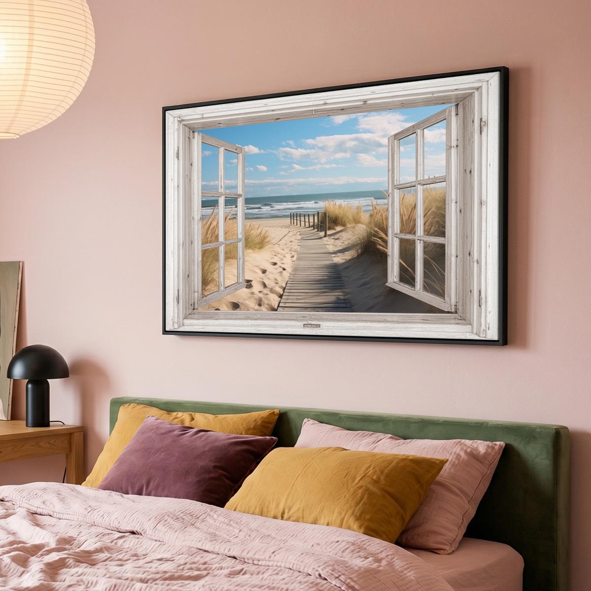 LEINWAND Bilder mit Rahmen - Fenster - Meer - Küste - Natur - Ausblick - Strand - Wattenmeer - 120x80 - Beige, Textil (120/80cm) - MuchoWow