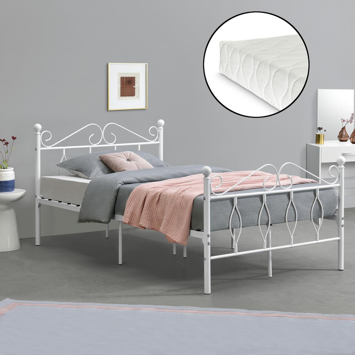 METALLBETT Apolda mit Matratze - Weiß, Textil/Metall (120/200cm) - [en.casa]