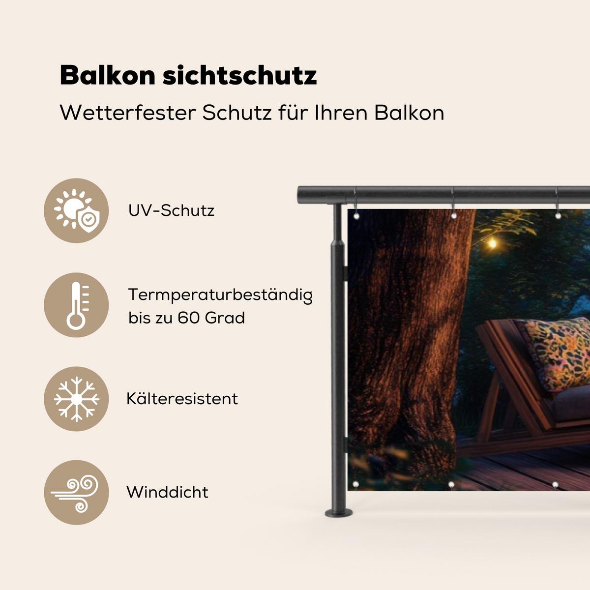 BALKON-SICHTSCHUTZ Lagerfeuer - See - Abendlicht Deko XXL 500x100 cm - Dunkelblau, Kunststoff (500/100cm) - MuchoWow