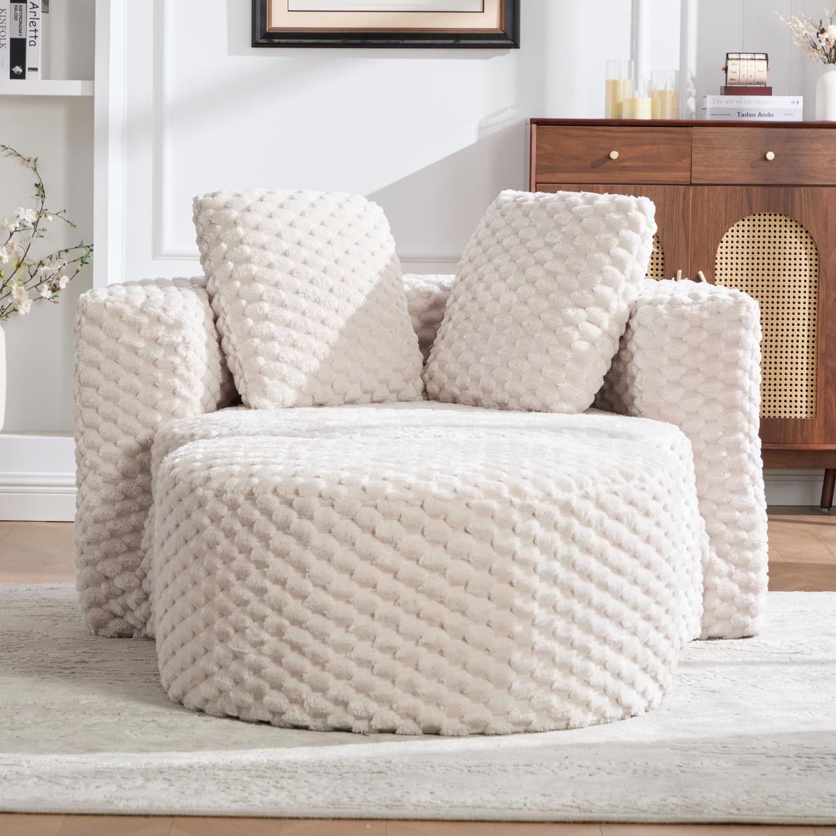 LOUNGESESSEL Mit Hocker Übergroß Rund Komprimiert Ohne Montage - Beige, Textil (129/65/116cm) - Urban Meuble