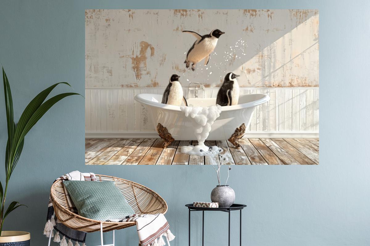 WANDTATTOO Vintage - Pinguin - Badewanne - Schaumstoff Wandsticker 120x80 cm - Schwarz, Kunststoff (120/80/0.1cm) - MuchoWow