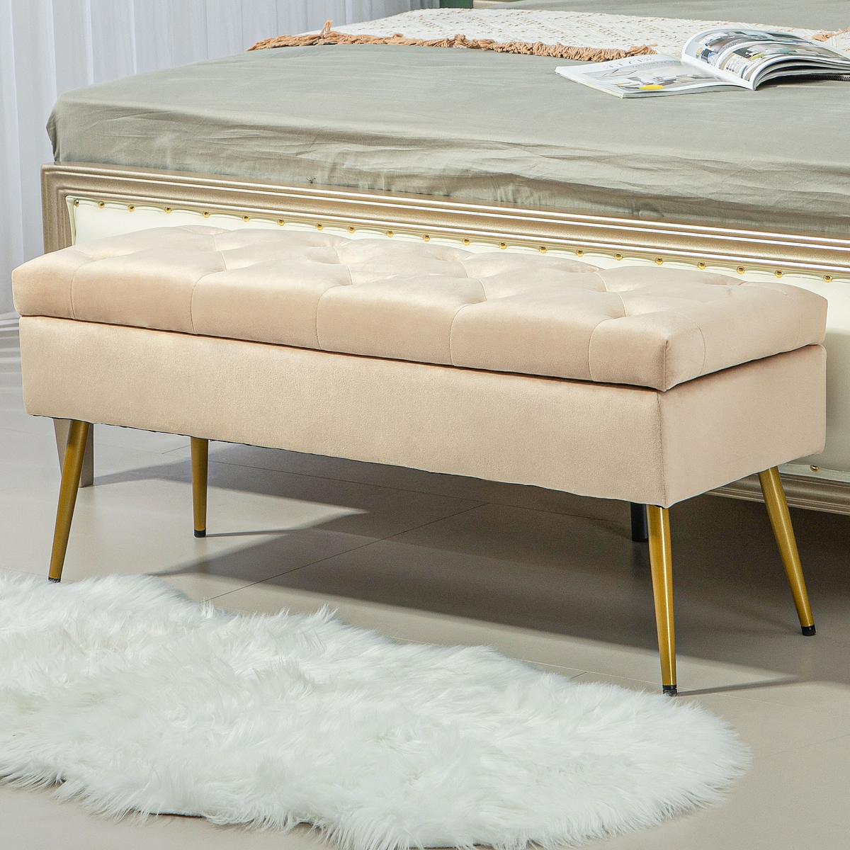 TRUHENBANK mit Samtoptik für Flur Metall Beige - Beige, Kunststoff (35/43/102cm) - HOMCOM