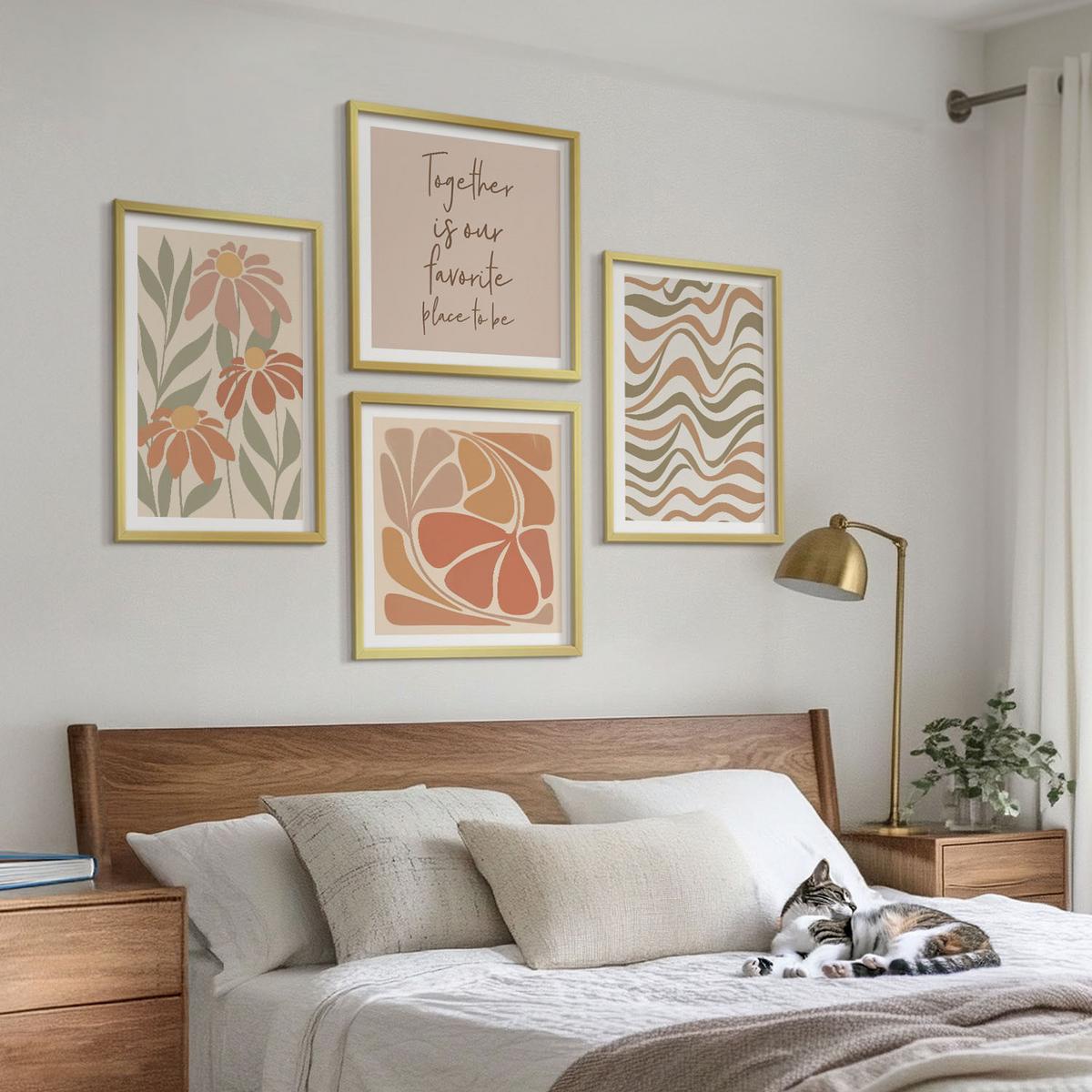 BILDER SET 4er Set - 50x50 cm & 40x60 cm Goldrahmen - Abstrakte Pastellblumen - Goldfarben, Kunststoff (50/50cm) - TULUP
