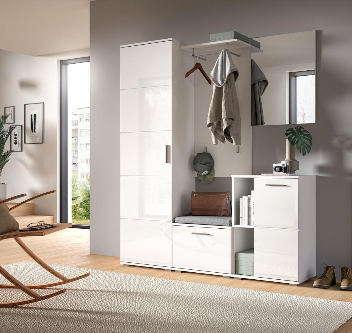 SCHUHSCHRANK weiß Hochglanz 55 cm, Flurschrank mit 5 Fächern - Weiß Hochglanz/Silberfarben, Holzwerkstoff/Kunststoff (55/79/37cm) - Inn.Furn