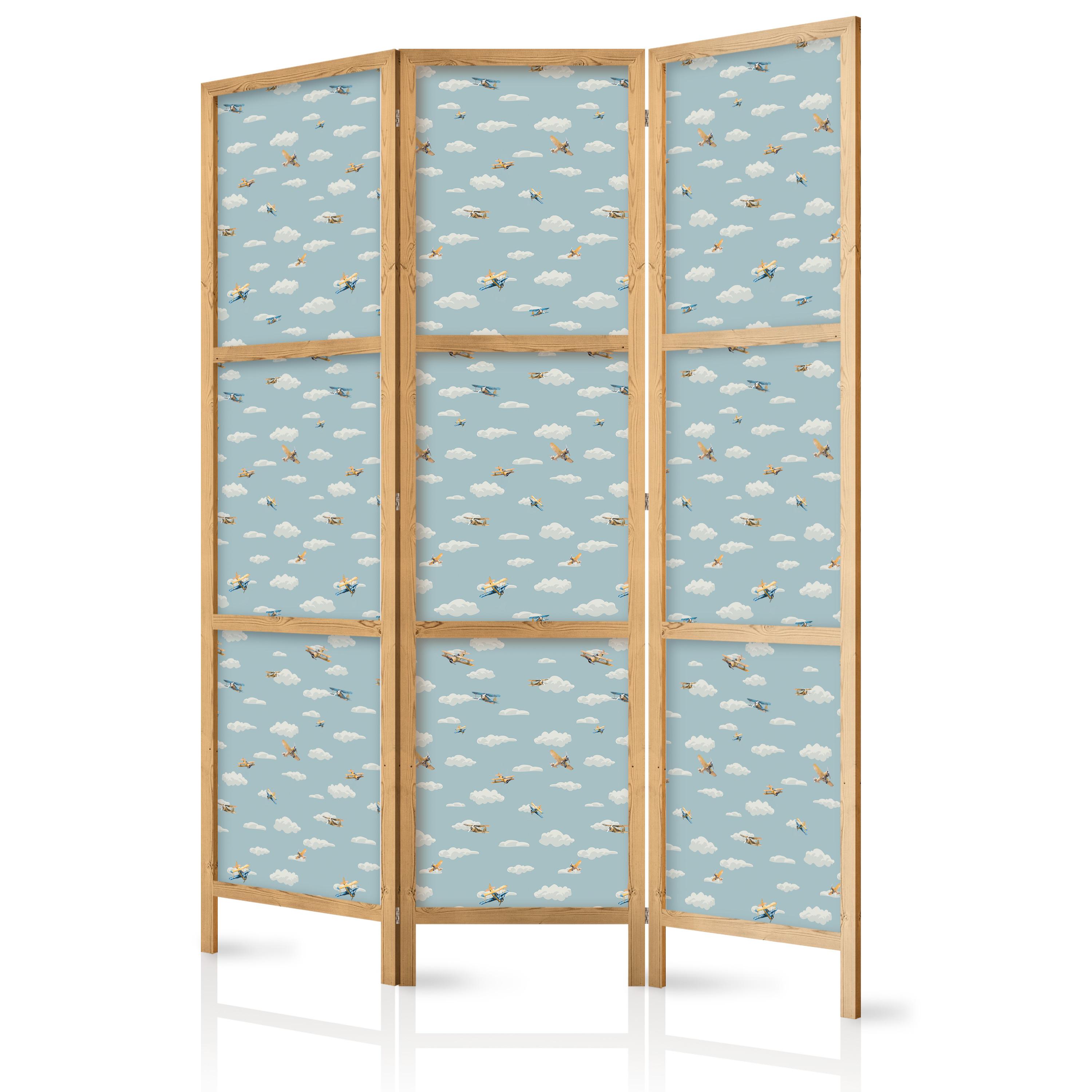 PARAVENT Japanischer 3-tlg 135x172 cm Flugzeuge Wolken - Blau, Holz/Textil (135/172/3cm) - Muralo
