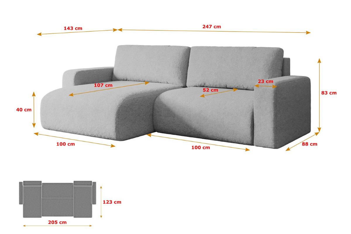 ECKSOFA mit Schlaffunktion und Bettkasten KLEEA-L - 247x143x83 cm Hellgrau Bouclé - Hellgrau/Schwarz, Holzwerkstoff/Kunststoff (247/143cm) - ALTDECOR