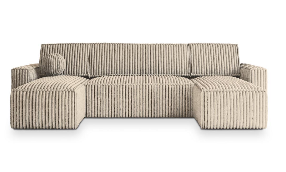 WOHNLANDSCHAFT PESANO T Creme Kordstoff mit Schlaffunktion - Creme/Grau, Holz/Kunststoff (306/85/140cm) - MASSENO