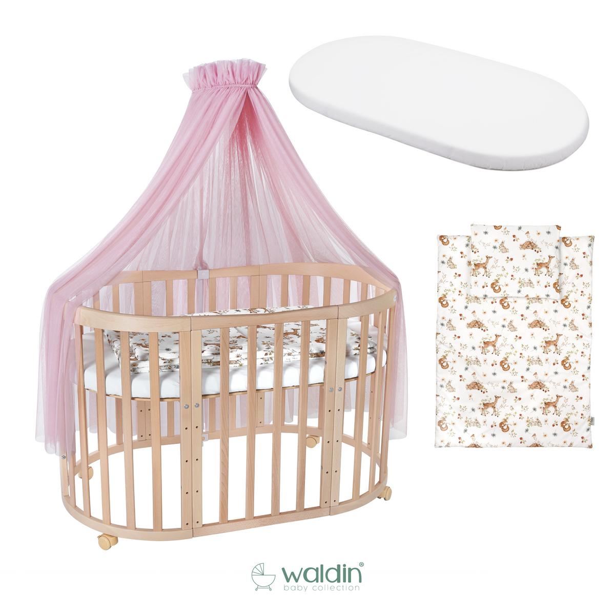 BABYBETT NATUR OVAL 7in1 mit Matratze und Himmelset - Naturfarben/Rosa, Holz/Textil (73/125cm) - waldin