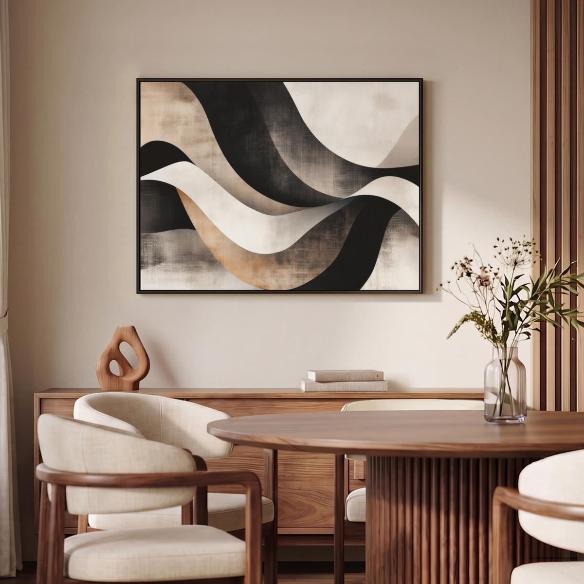 LEINWAND Bilder mit Rahmen - Abstrakt - Wellen - Schwarz - Verwittert - 100x70 - Trüffeleichefarben, Textil (100/70cm) - MuchoWow