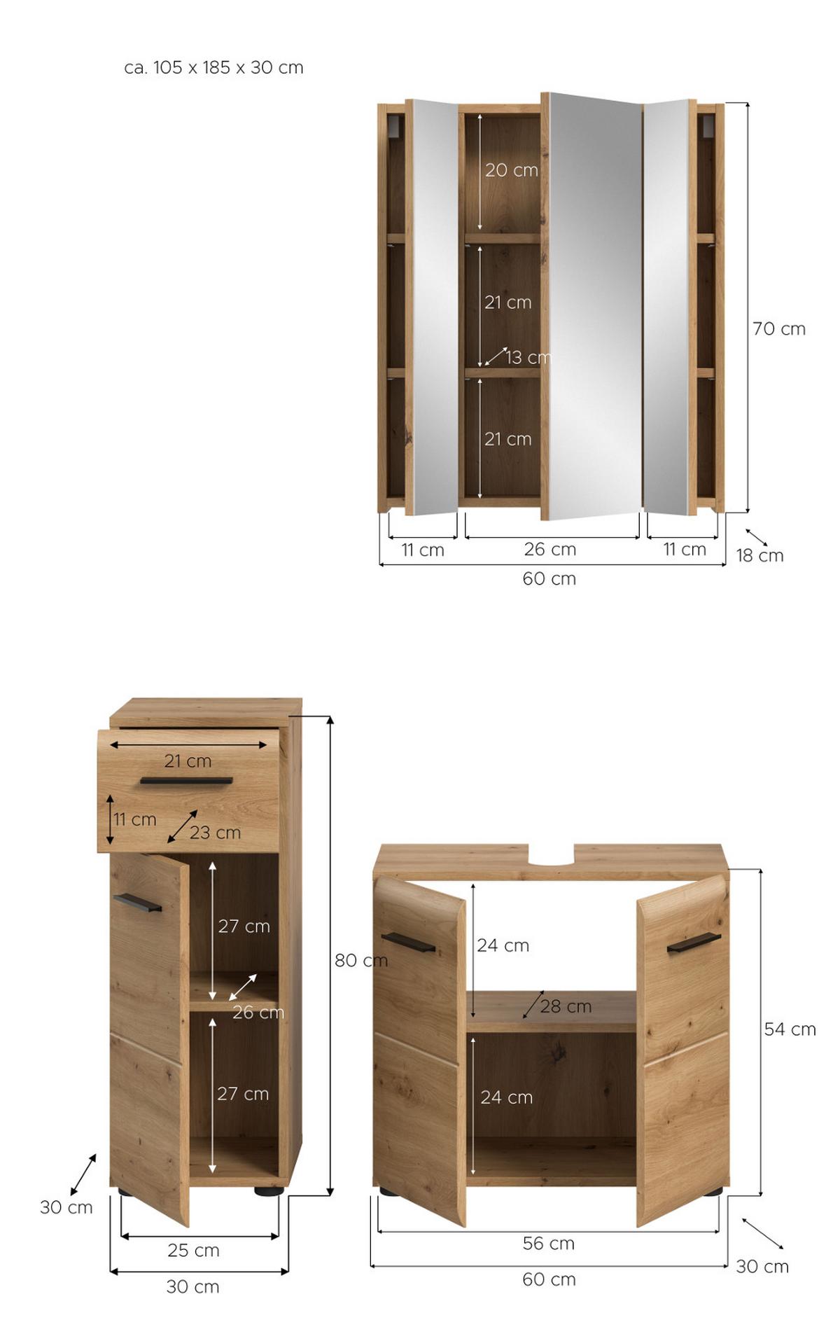 BADMÖBEL SET 3-teilig in Artisan Eiche, Badkombination 105 x 185 cm, Cover - Schwarz/Eiche Artisan, Glas/Holzwerkstoff (105/185/30cm) - Inn.Furn