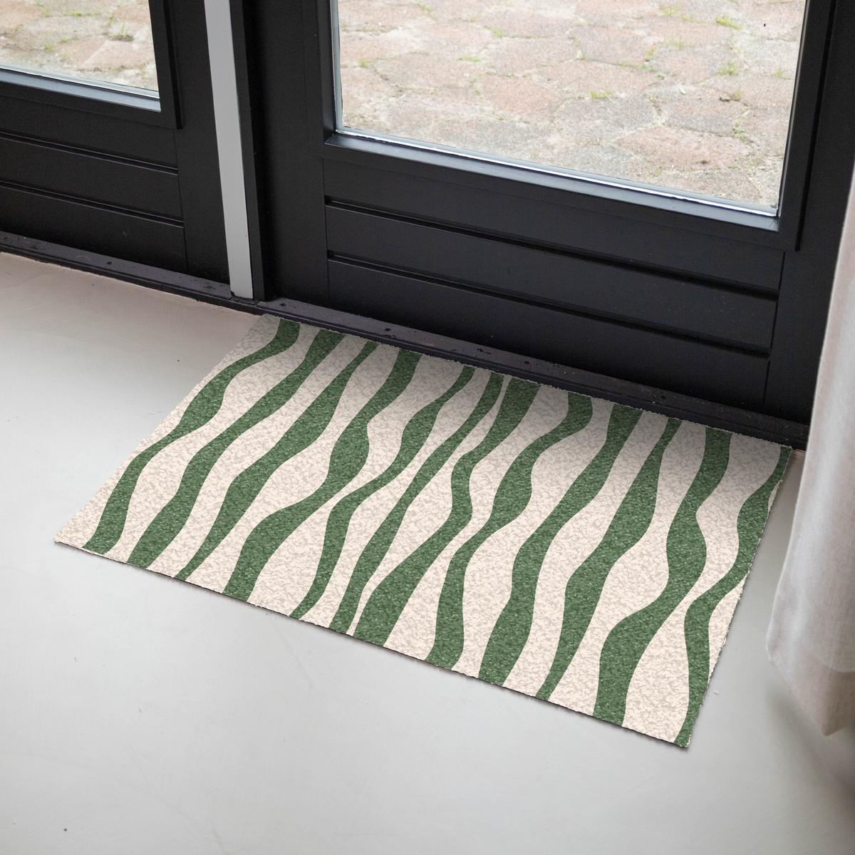FUSSMATTE Wellenlinien - Beige - Grün - Streifen - Abstrakt Fußabtreter 90x60 cm - Dunkelgrün, Kunststoff (90/0.4cm) - MuchoWow