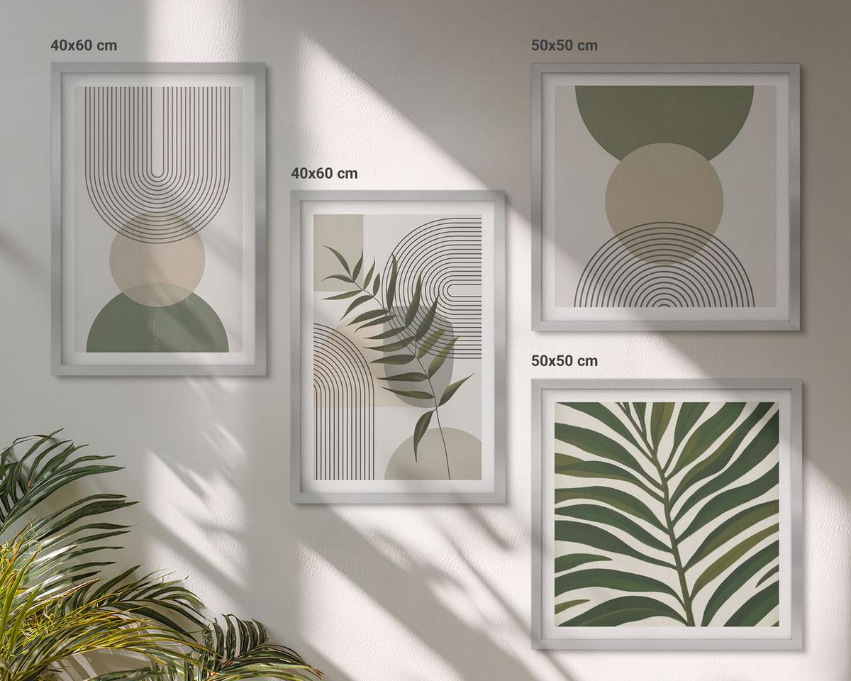 BILDER SET 4er Set - 50x50 cm & 40x60 cm Silberner Rahmen - Abstrakte Blätter im Boho-Stil - Silberfarben, Kunststoff (50/50cm) - TULUP