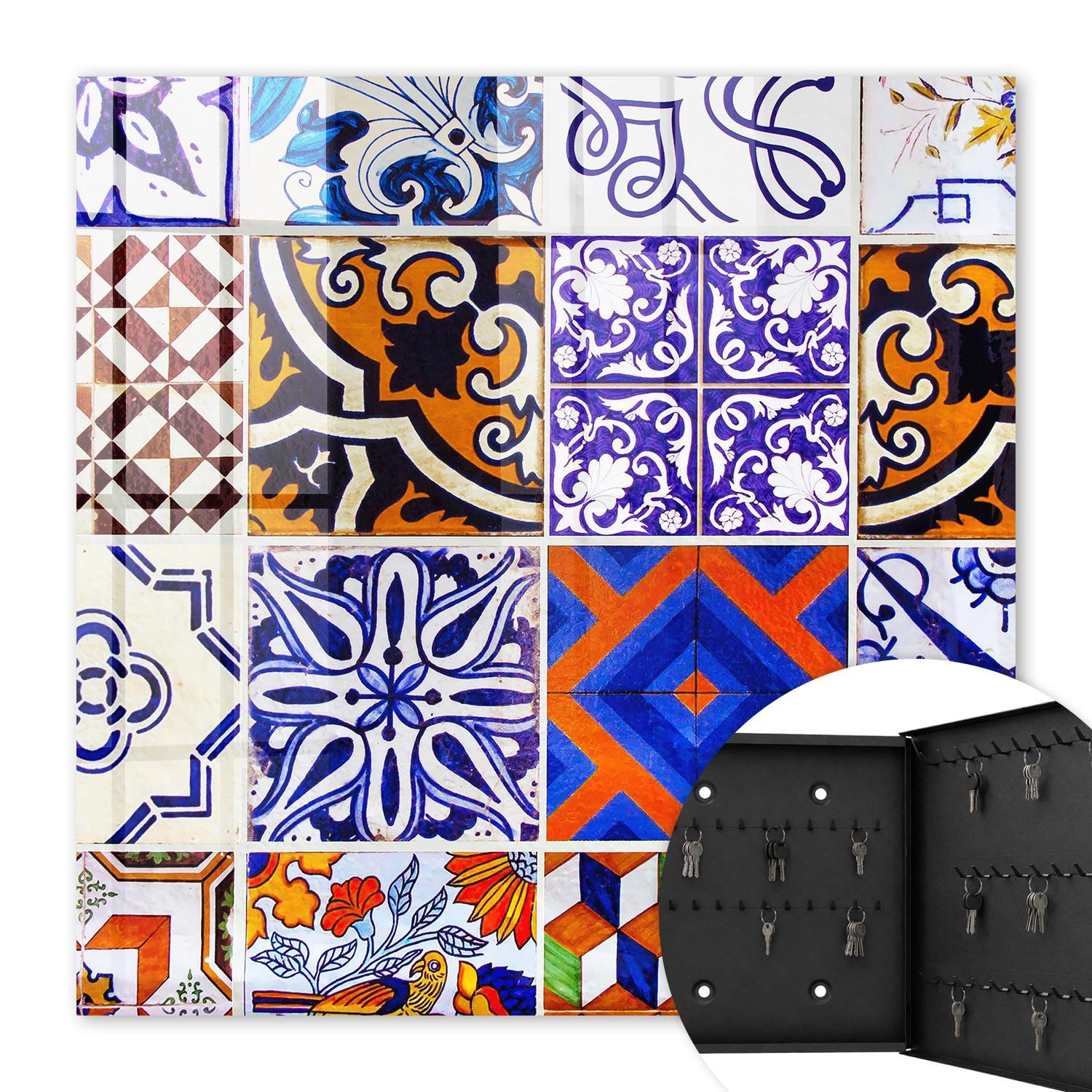 SCHLÜSSELBOX Schwarz 30x30 cm- Türöffnung nach rechts - Bunte Fliesen - Blau, Metall (30/30/5cm) - TULUP