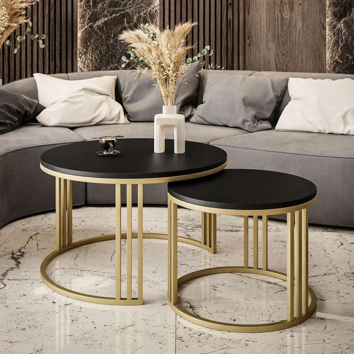 COUCHTISCH 2 in 1 LORI schwarz matt mit goldfarbenem Fuß - Goldfarben, Holzwerkstoff (70/70/48cm) - Lookway