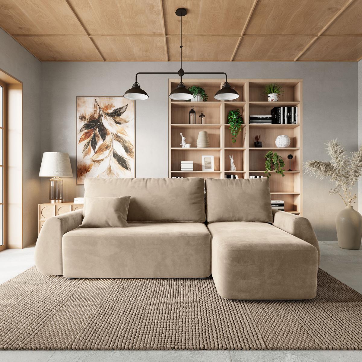 ECKSOFA GALVIS Creme Velours-Stoff mit Schlaffunktion - Creme, Holz (256/156cm) - MASSENO
