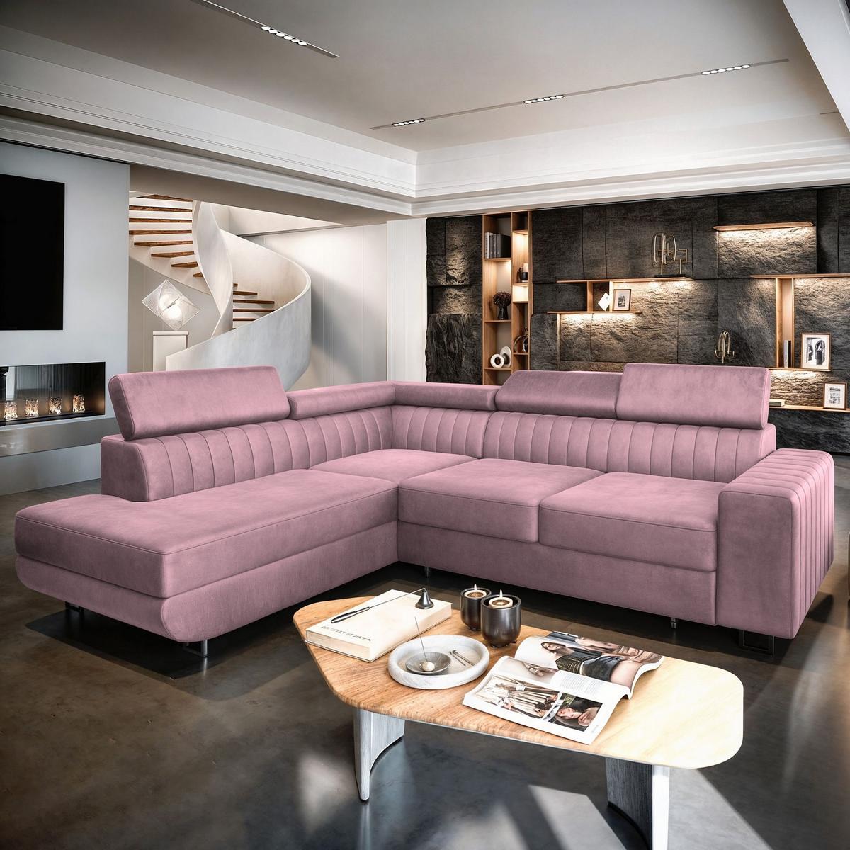 ECKSOFA NOLA L-S Lila Velours-Stoff mit Schlaffunktion - Lila/Silberfarben, Holz/Textil (253/190cm) - MASSENO