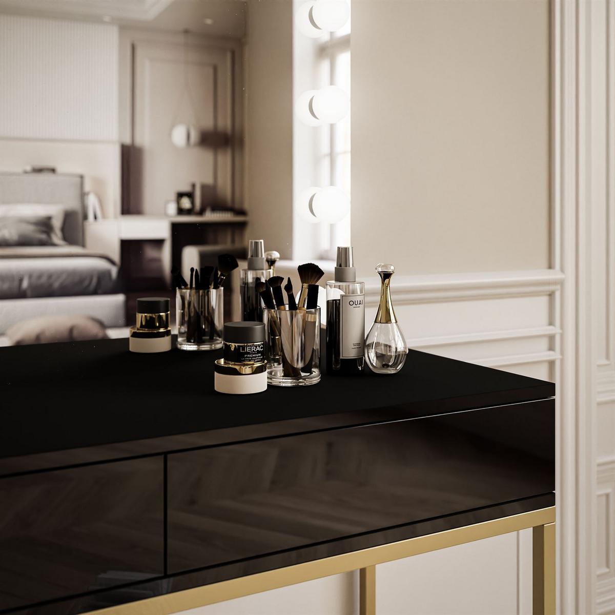 SCHMINKTISCH BLANCO GOLD ELITE mit Spiegel und Beleuchtung Schwarz Hochglanz PUSH OPEN - Schwarz Hochglanz/Goldfarben, Holzwerkstoff (100/146/42cm) - Lookway