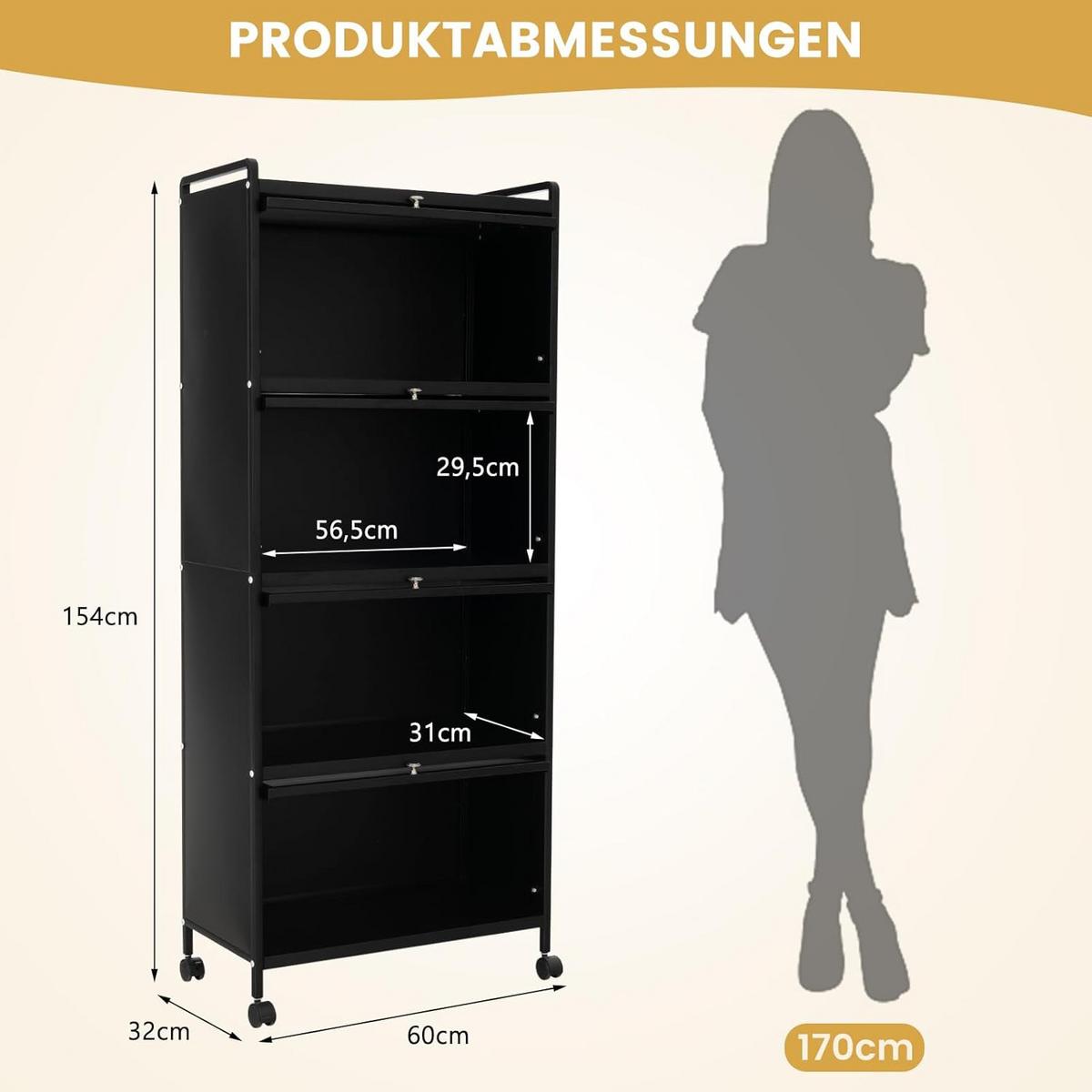 KUCHENSCHRANK Mit Rollen Schwarz - Schwarz, Metall (60/154/32cm) - COSTWAY