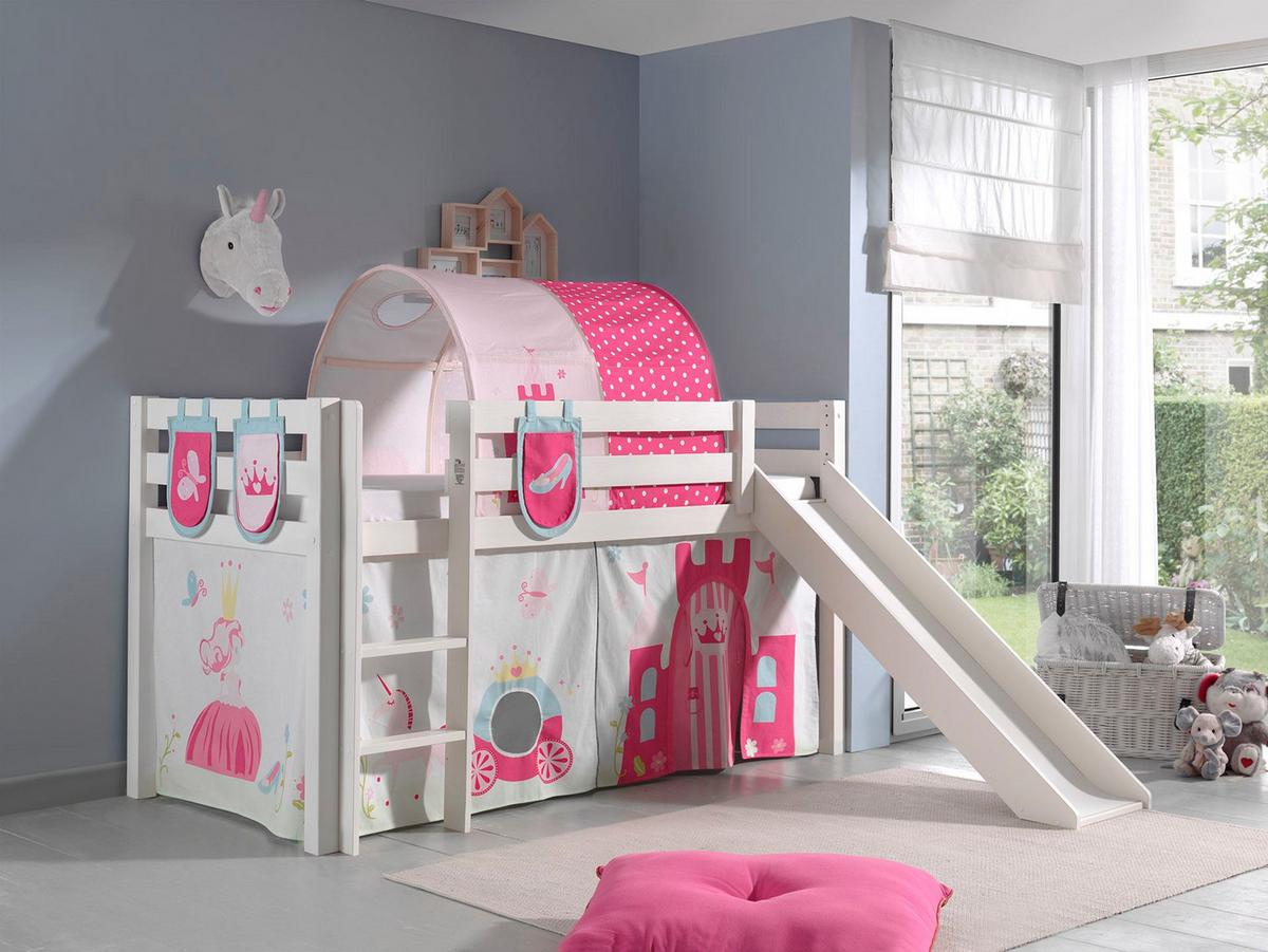 HOCHBETT mit Rutsche Karolina Massivholz Weiß Textilset Princess 4 - Magenta/Weiß, Holz (90/200cm) - 58aufmkessel