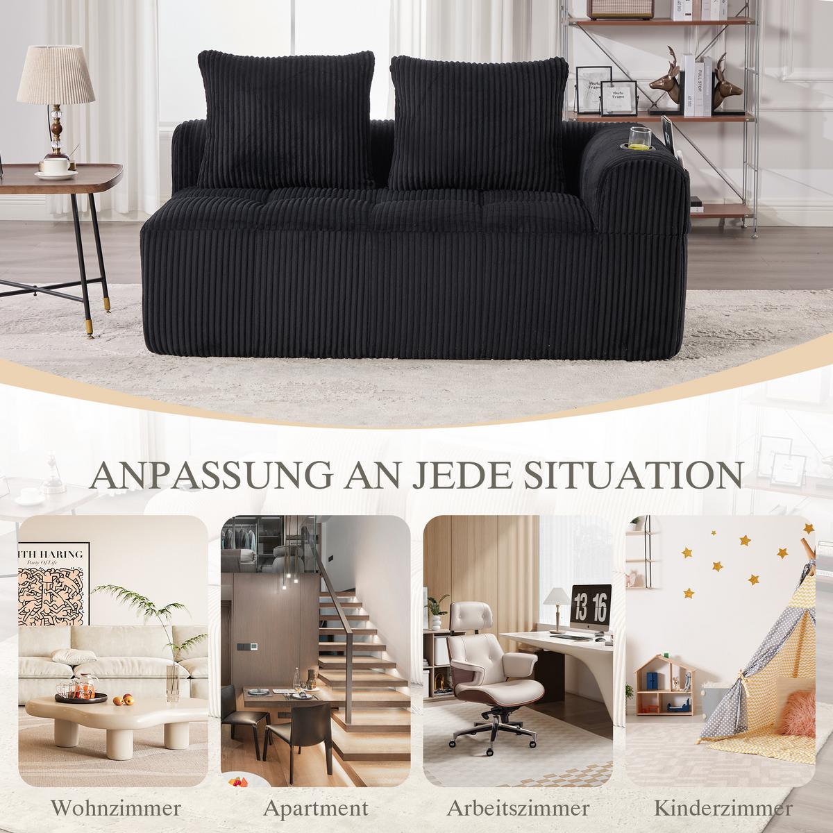CHAISELONGUE in Cord Übergroßer Relaxsessel mit Seitentaschen - Schwarz, Textil (158/61/93cm) - Urban Meuble