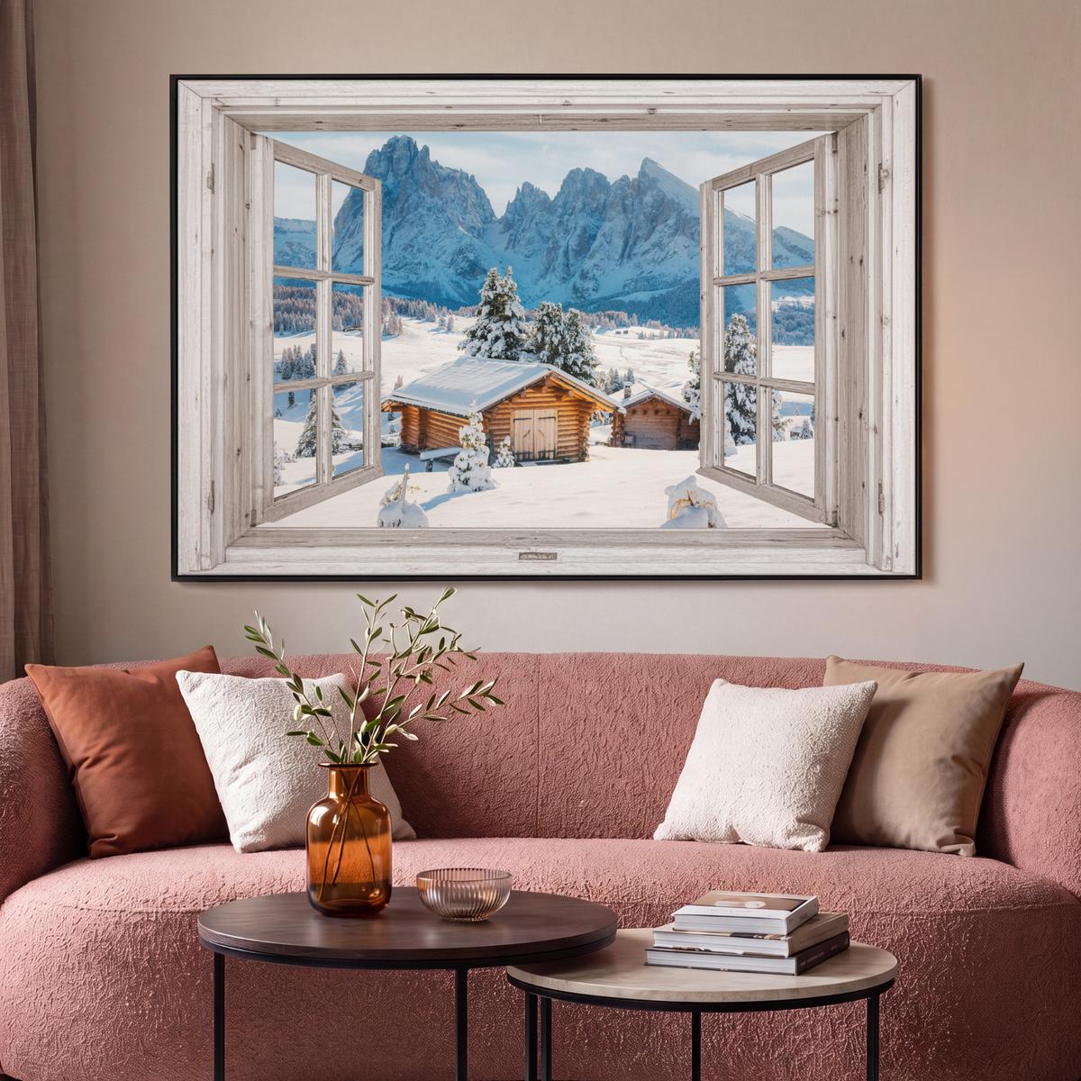 LEINWAND Bilder mit Rahmen - Winterlandschaft - Hütte - Berge - Ausblicke - Aussicht - Natur - 150x100 - Weiß Hochglanz, Textil (150/100cm) - MuchoWow