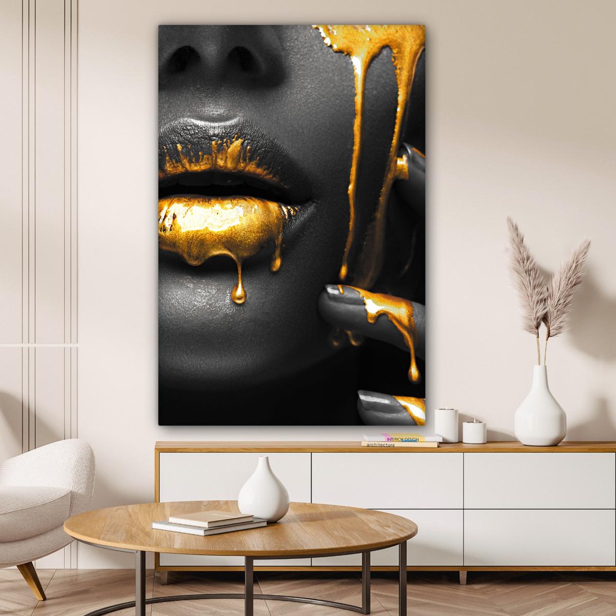 LEINWANDBILD Frau - Schwarz - Gold - Gesicht - Lippen Deko Groß 90x140 cm - Goldfarben, Textil (90/140cm) - MuchoWow