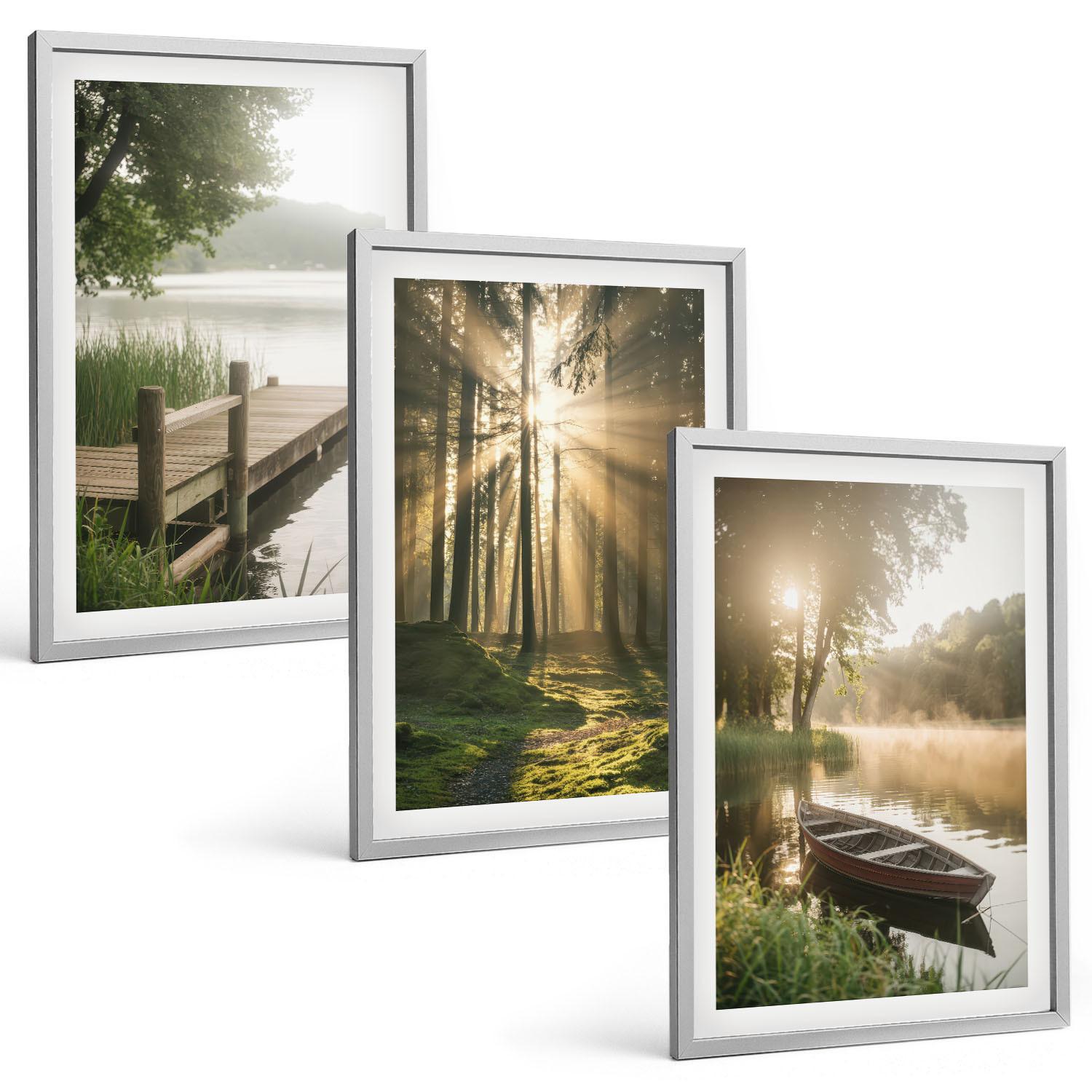 BILDER SET 3er Set - 40x60 cm Silberner Rahmen - See, Wald, Boot, Morgennebel - Silberfarben, Kunststoff (40/60cm) - TULUP