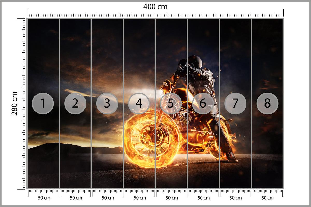FOTOTAPETE für Jugendzimmer Mann Brennenden Motorrad Sport Nacht 400x280 - Schwarz/Orange, Papier (400/280cm) - Muralo