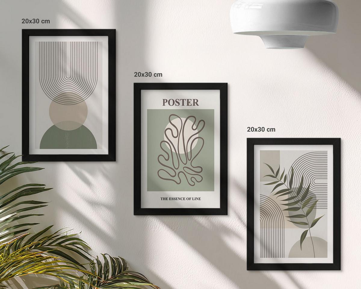 BILDER SET 3er Set - 20x30 cm Schwarzer Rahmen - Geometrische botanische Muster - Schwarz, Kunststoff (20/30cm) - TULUP