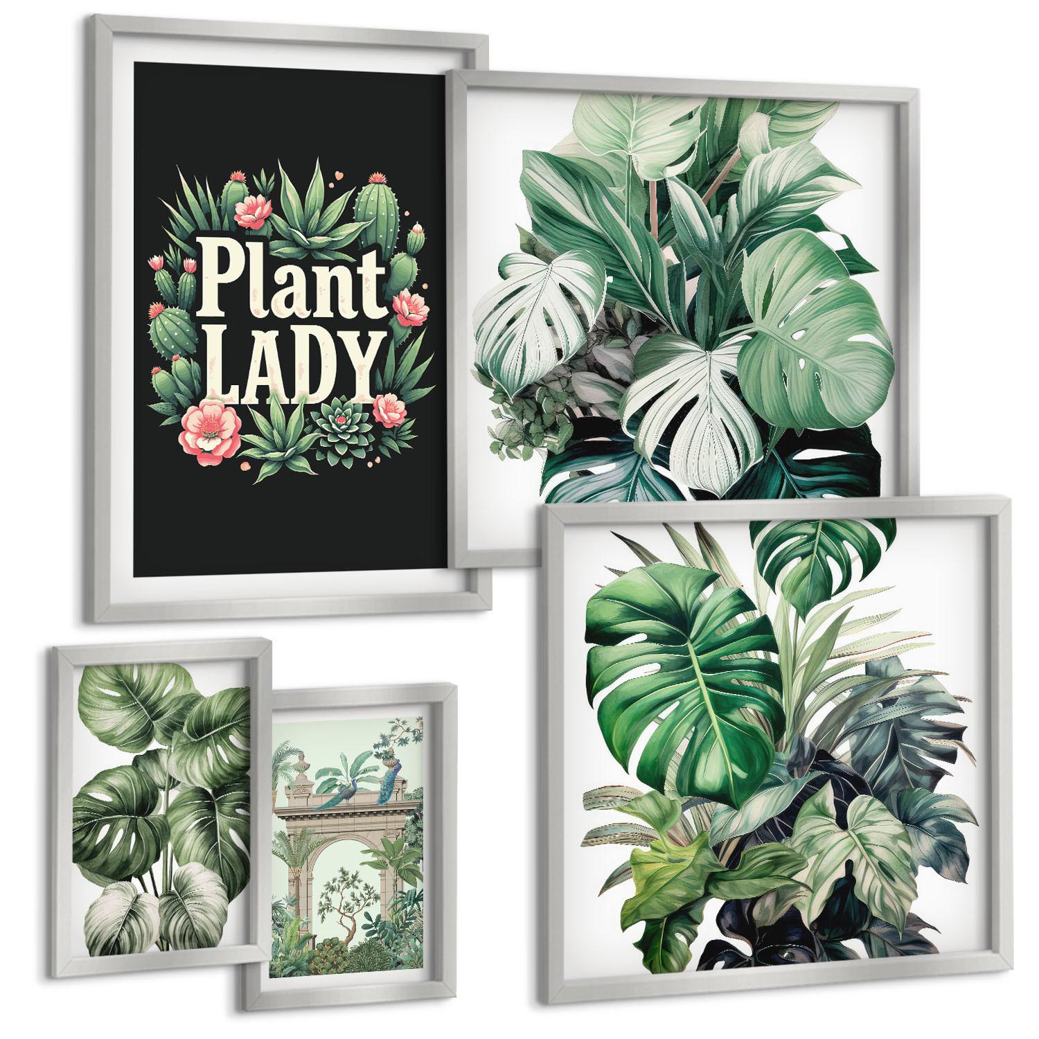 BILDER SET 5er Set - 50x50 cm & 20x30 cm & 40x60 cm Silberner Rahmen - Japanische Natur und Japandi-Stil - Silberfarben, Kunststoff (40/60cm) - TULUP