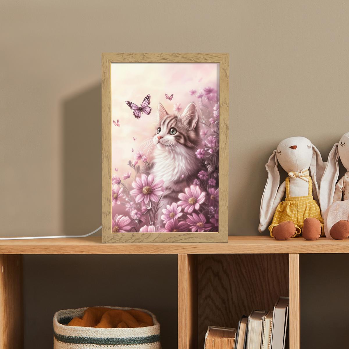 NACHTTISCHLAMPE Kätzchen - Blumen - Schmetterlinge - Lila 20x30 cm - Altrosa, Holzwerkstoff (8/20/30cm) - OnlyWow