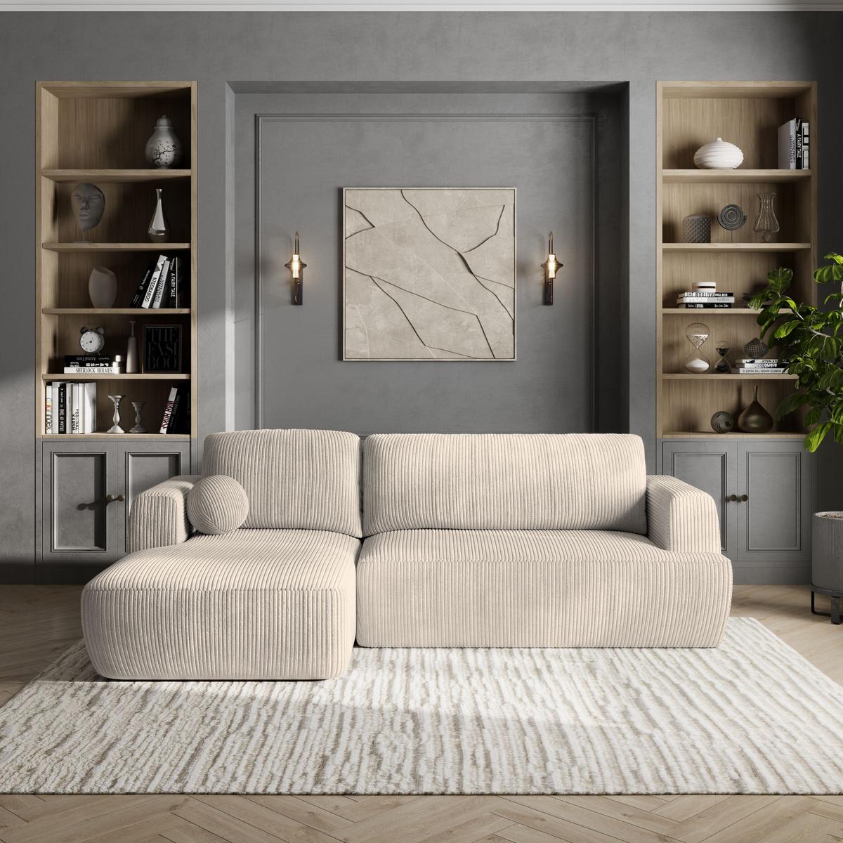ECKSOFA SENTI P L-S Creme Kordstoff mit Schlaffunktion - Creme/Schwarz, Holz/Kunststoff (246/148cm) - MASSENO