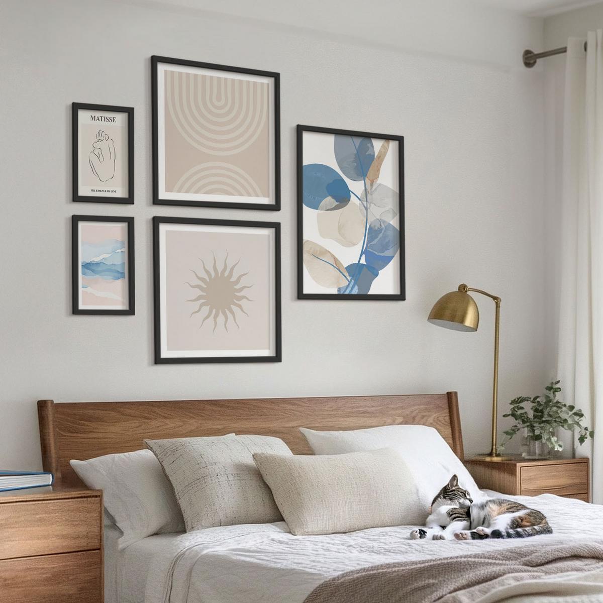 BILDER SET 5er Set - 50x50 cm & 20x30 cm & 40x60 cm Schwarzer Rahmen - Linien, Wellen, Pastellfarben, minimalistisch - Schwarz, Kunststoff (40/60cm) - TULUP
