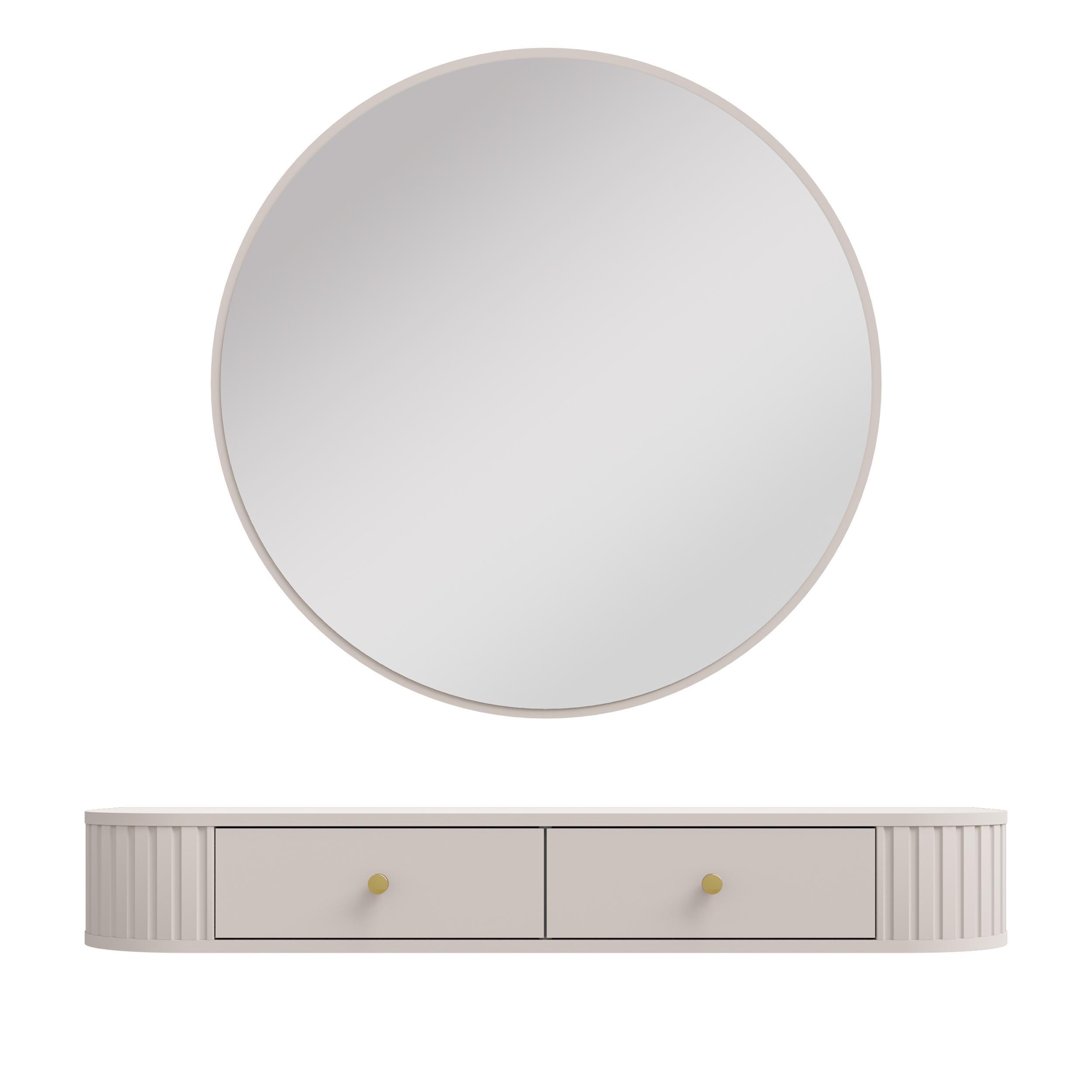 KONSOLENTISCH Halay Beige 2 Schubladen mit runden Kanten + Rund Spiegel 100 cm - Beige/Goldfarben, Holzwerkstoff/Metall (35.9/123/17.5cm) - AX Living