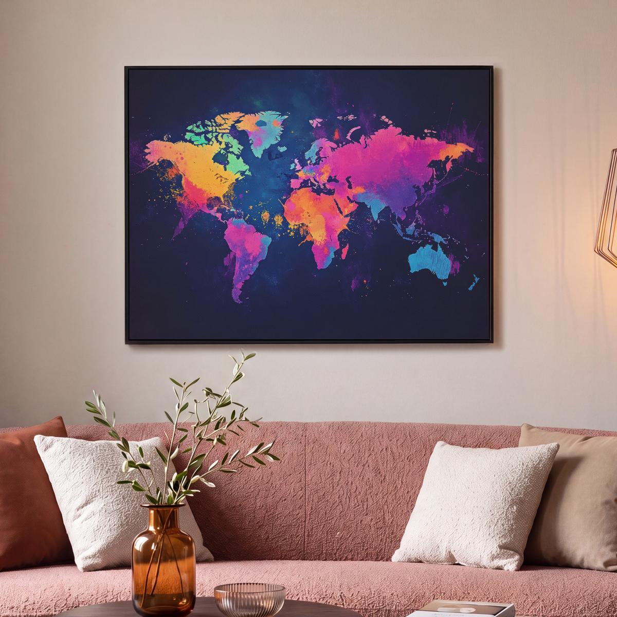 LEINWAND Bilder mit Rahmen - Weltkarte - Bunt - Graffiti - 100x70 - Multicolor, Textil (100/70cm) - MuchoWow