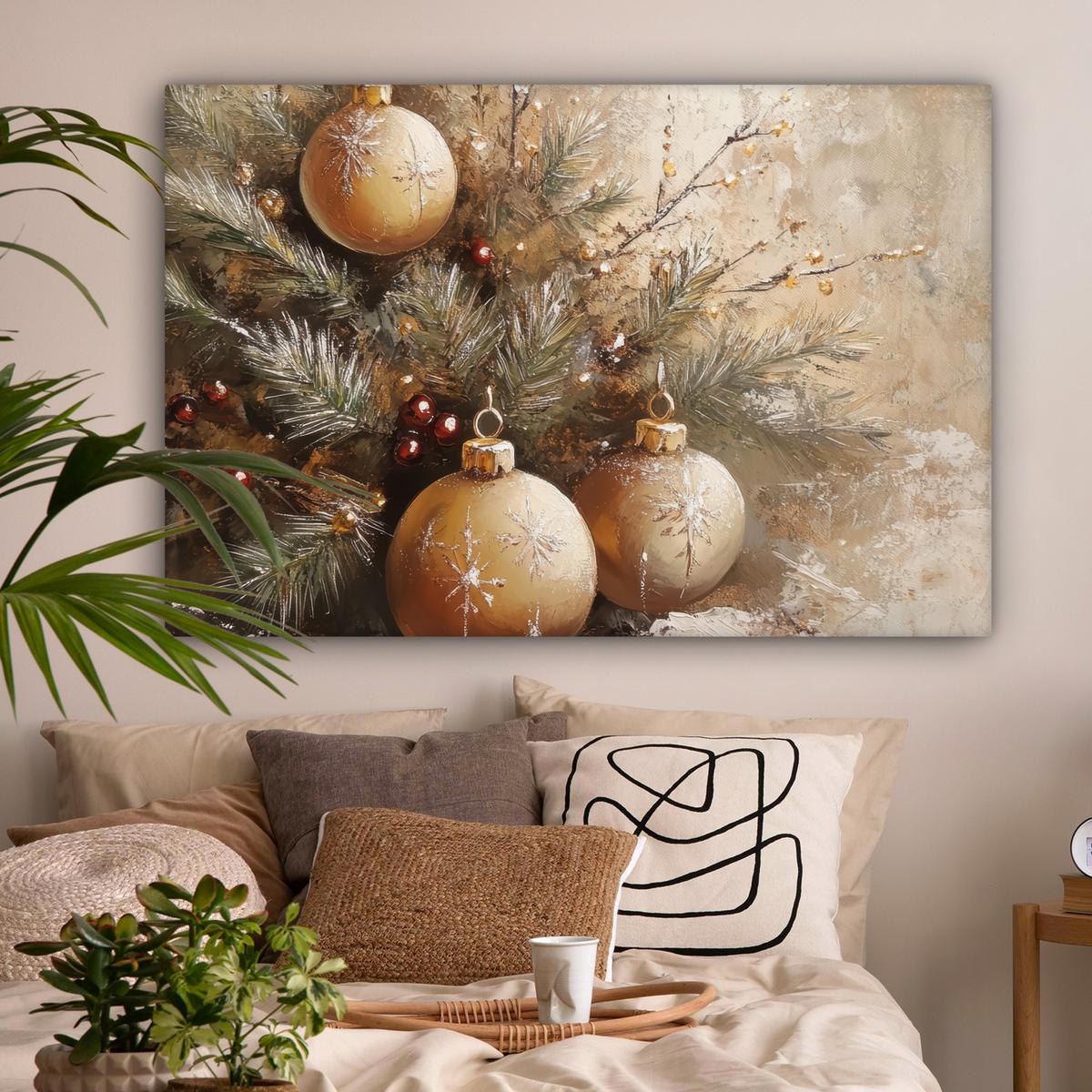 LEINWANDBILD Weihnachten - Kugeln - Beige - Gold Wohnzimmer Groß 120x80 cm - Goldfarben, Textil (120/80cm) - MuchoWow