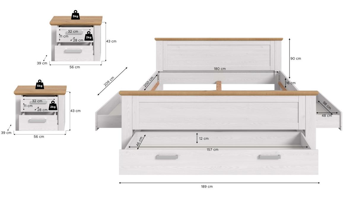 SCHLAFZIMMER weiß Lärche, Eiche Artisan Landhaus Set mit Bett inklusive Bettschubkästen, 2x Nachttisch - Eichefarben/Silberfarben, Holzwerkstoff/Kunststoff (180/200cm) - Inn.Furn