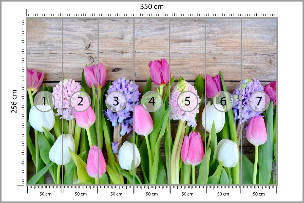 FOTOTAPETE für Küche Rosa Tulpen Violette Hyazinthen Holztisch 350x256 - Ecru/Violett, Papier (350/256cm) - Muralo