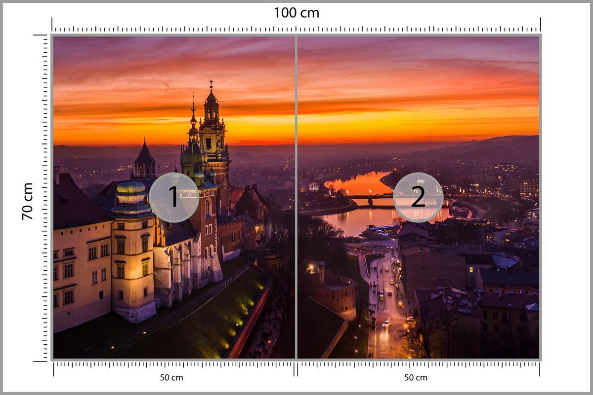 FOTOTAPETE für Wohnzimmer Sonnenuntergang Wawelburg Architektur Stadt 100x70 - Orange, Papier (100/70cm) - Muralo