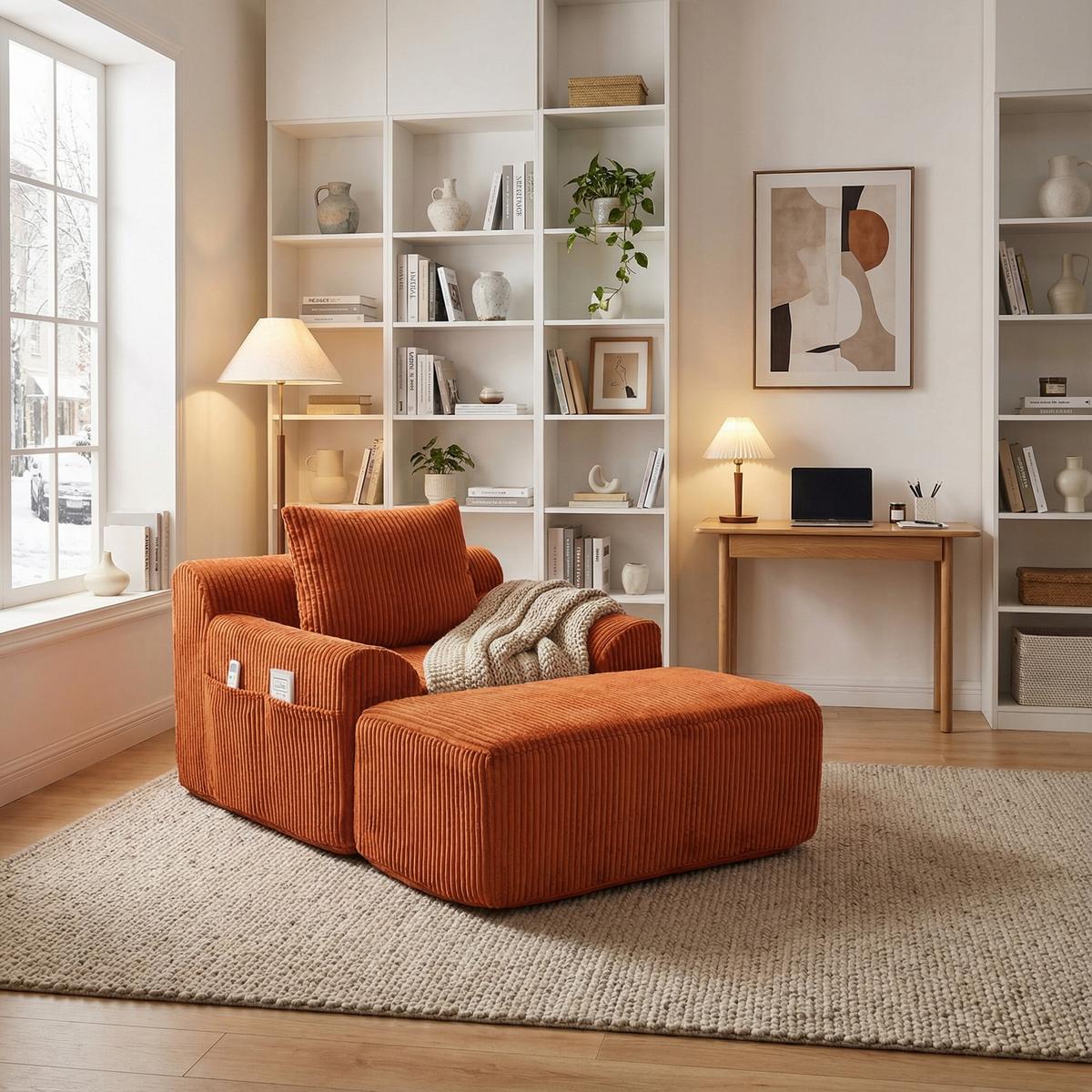 SESSEL mit Hocker in Cord Übergroßer Relaxsessel - Orange, Textil (110/67/147cm) - Urban Meuble