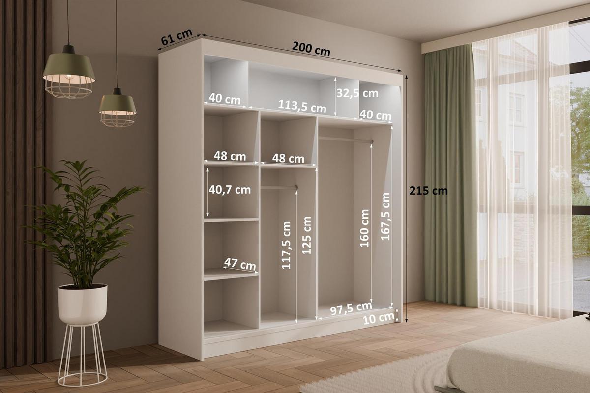 KLEIDERSCHRANK mit LED, Lamel-Schiebetüren VILANv2 - 200 cm Weiß + Lamelle schwarz - Schwarz/Weiß, Holzwerkstoff (200/215/61cm) - ALTDECOR