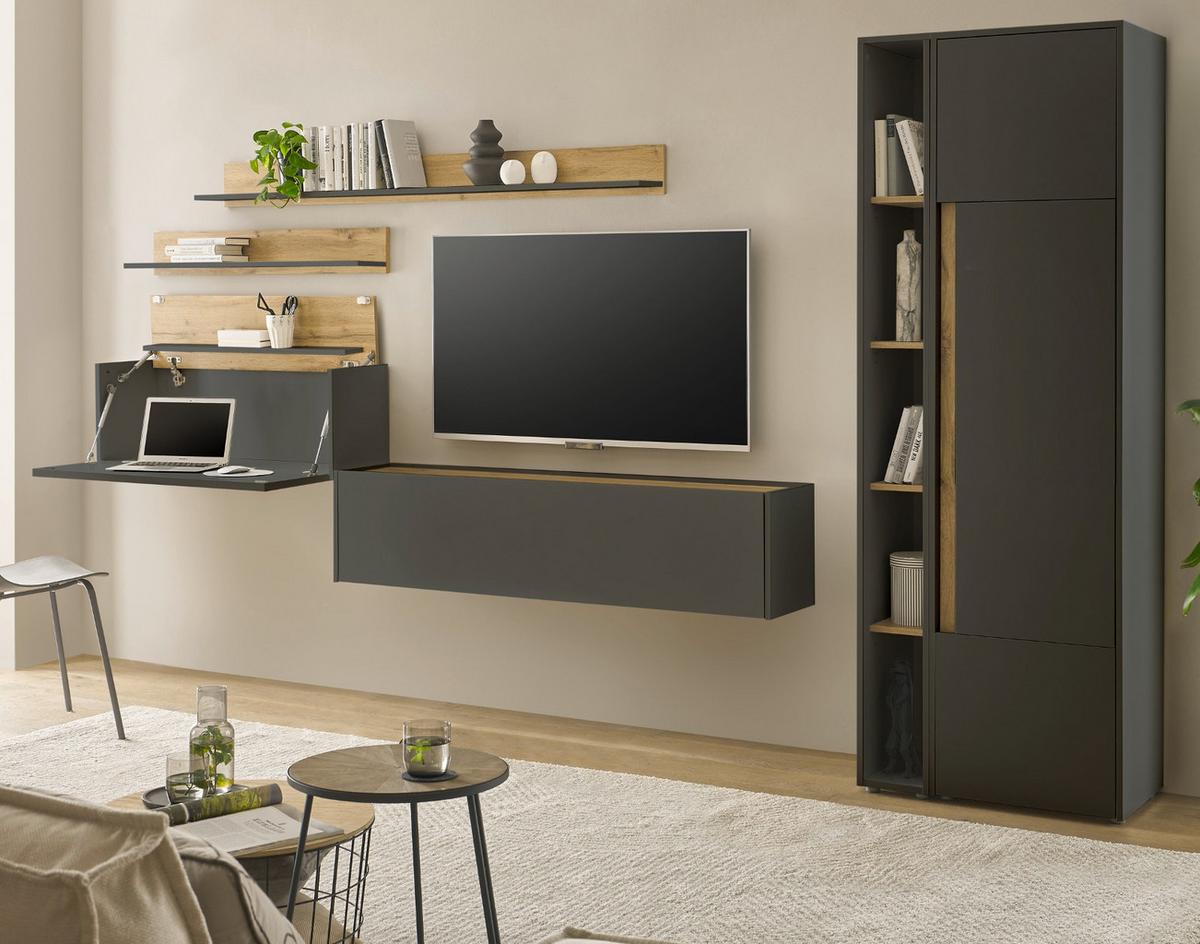 WOHNWAND mit Sekretär grau matt, Eiche Wotan 340 cm, Wohnkombination 6-teilig - Eiche Wotan/Grau, Holzwerkstoff/Metall (340/200/40cm) - Furn.Design