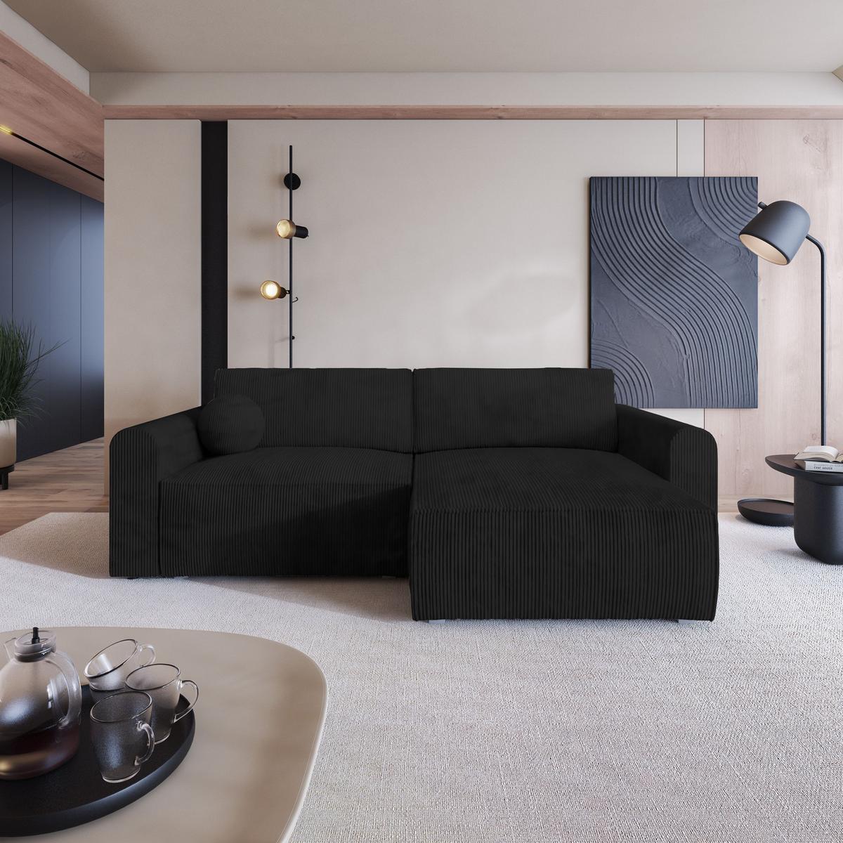 ECKSOFA FIANO P Schwarz Kordstoff mit Schlaffunktion - Schwarz/Grau, Holz/Kunststoff (245/148cm) - MASSENO