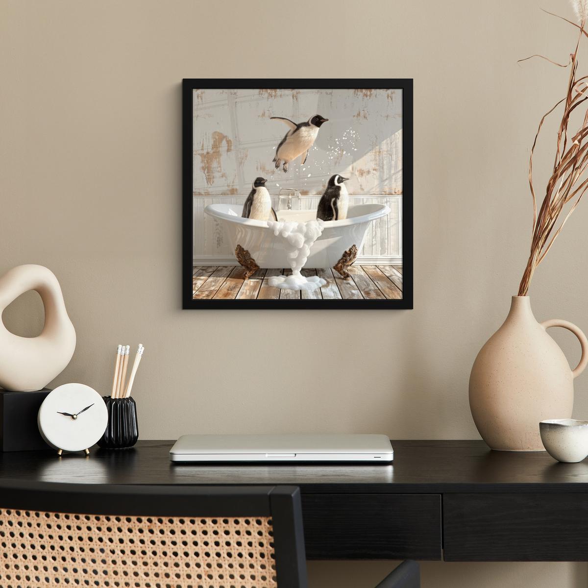 POSTER MIT RAHMENGERAHMTES BILD Vintage - Pinguin - Badewanne - Schaumstoff 40x40 cm - Schwarz, Papier (40/40cm) - MuchoWow