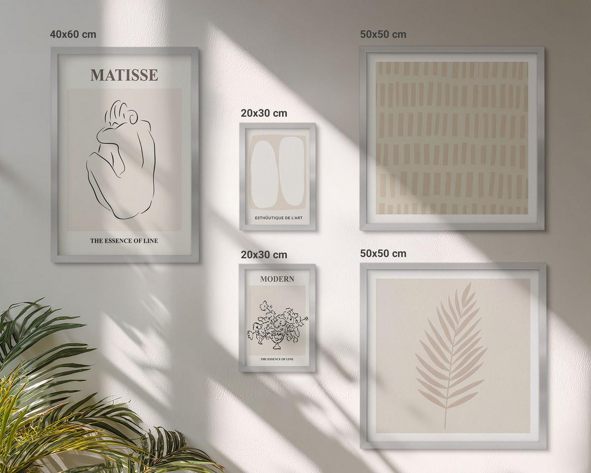 BILDER SET 5er Set - 50x50 cm & 20x30 cm & 40x60 cm Silberner Rahmen - Linien, Formen, Beige, Weiß - Silberfarben, Kunststoff (40/60cm) - TULUP