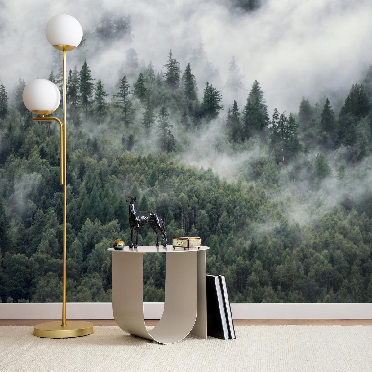 FOTOTAPETE für Schlafzimmer Morgennebel Nadelwald Bäume 350x256 - Weiß/Grau, Papier (350/256cm) - Muralo