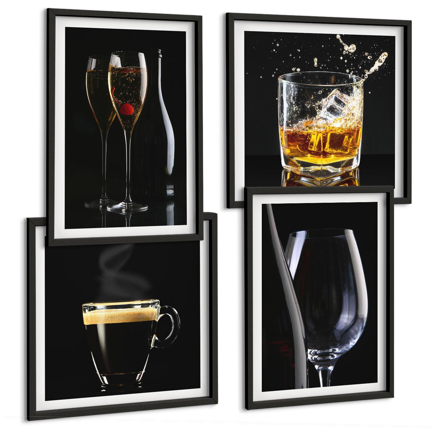 BILDER SET 4er Set - 50x50 cm & 40x60 cm Schwarzer Rahmen - Whisky, Wein, Champagner, Kaffee, Alkohol - Schwarz, Kunststoff (50/50cm) - TULUP