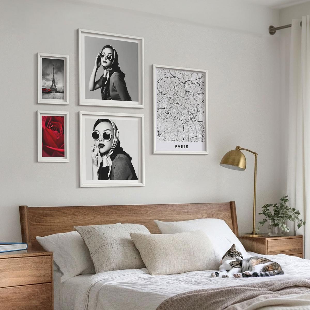 BILDER SET 5er Set - 50x50 cm & 20x30 cm & 40x60 cm Weißer Rahmen - Pariserin mit Eiffelturmbrille - Weiß, Kunststoff (40/60cm) - TULUP