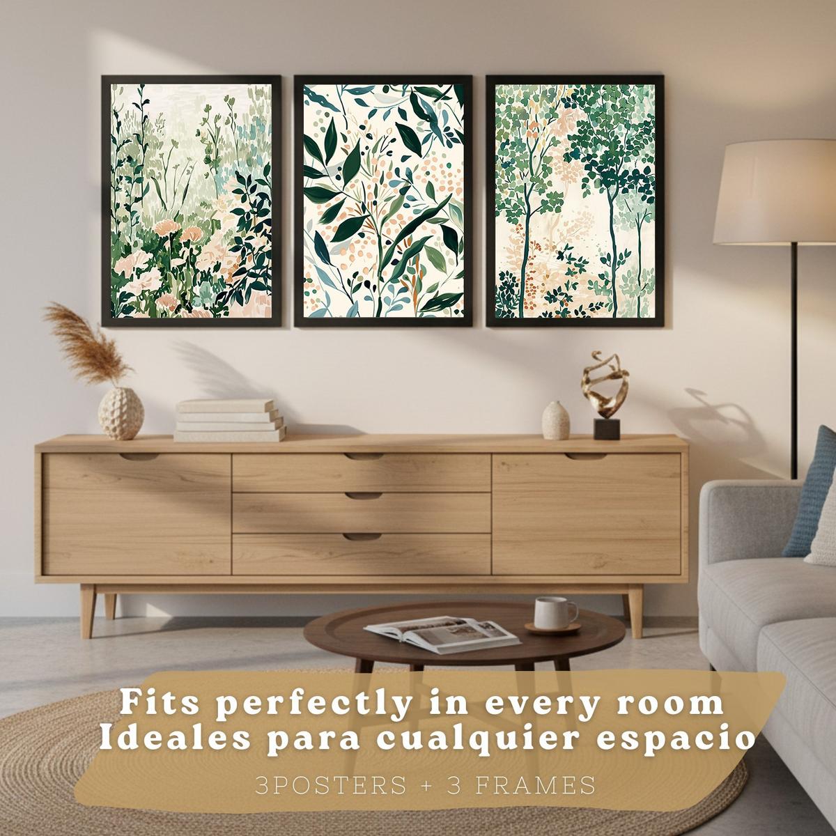 POSTER 3er-Set Wandbilder Floral Landschaft modern Wohnzimmer Deko, Schlafzimmer, Küche, Badezimmer Schwarzer Rahmen A3 - Schwarz, Papier (29.7/1/42cm) - Nacnic